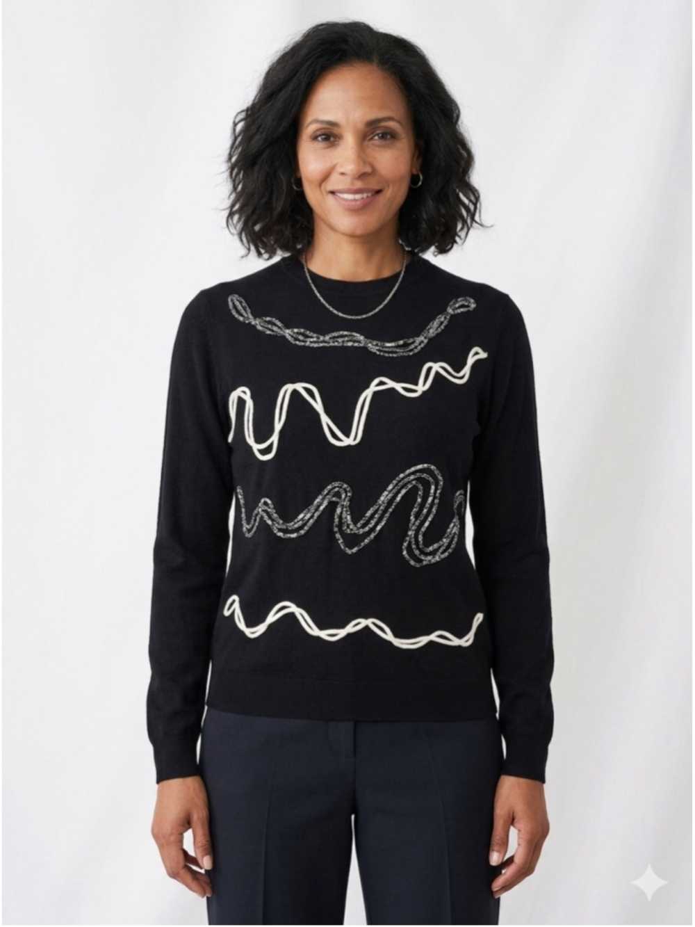 Charlie B Black Soutache Embroidered Wavy Abstract Crewneck Sweater Size M. 2060